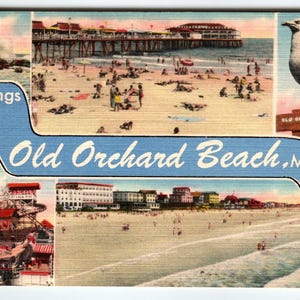 Carte postale d'Old Orchard Maine 1950 Amusement Park Beach Town Linge de maison