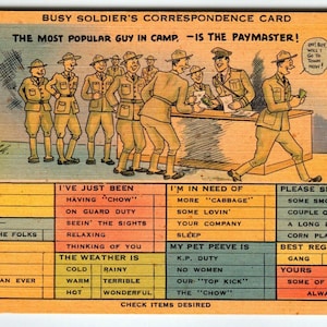 Carte postale militaire de l'armée américaine Paymaster paie des soldats Linge de guerre des années 40 Humour Seconde Guerre mondiale