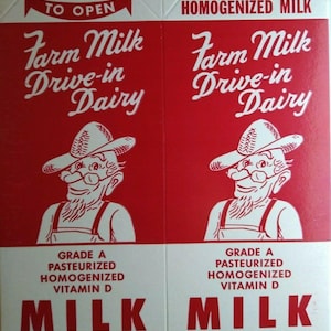Farmer Man Drive In Dairy vintage non utilisé demi-gallon de lait ciré en carton des années 1960 NOS cadeau unique