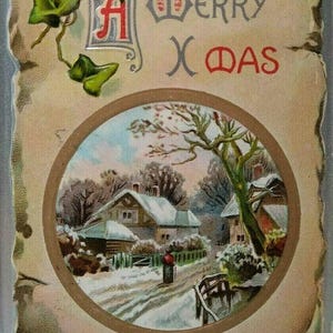 Christmas Postcard Silver Border Embossed Countryside Cottage Ilion NY 1909 Unique Gift