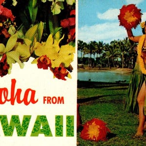 Carte postale Aloha d'Hawaï danseuse de hula chromée fleurs tropicales, cadeau unique vintage sans affichage