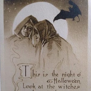 Carte postale d'Halloween Kathryn Elliott Gibson gothique avec cape homme lune chauve-souris sépia 1911 cadeau unique