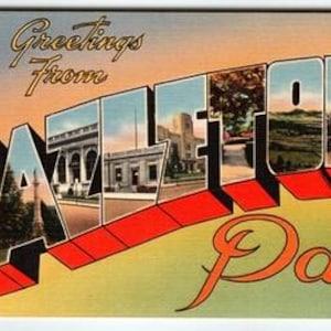 May include: A vintage postcard featuring the text "Greetings from HAZLETON Pa." in a decorative style. The word HAZLETON is composed of images of buildings and scenery. The background has a gradient of yellow, orange, and blue.