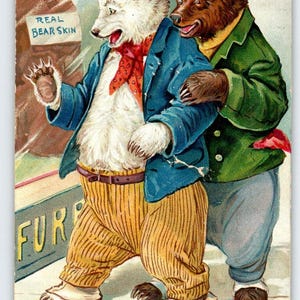 Carte postale fantastique avec des oursons habillés Oh quel choc, peau d'ours 1908