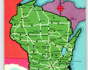 Map Postcard Greetings From Wisconsin Fisherman's Paradise Chrome Retro Vintage