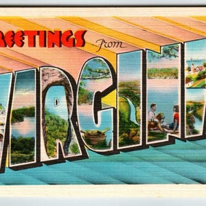 Carte postale en lin, grande lettre, grande lettre, Greetings from Virginia, cadeau unique métropolitain sans envoi