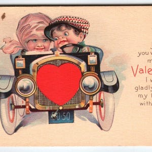 Carte postale Saint-Valentin enfants conduisant une voiture vintage série 1404 Stecher