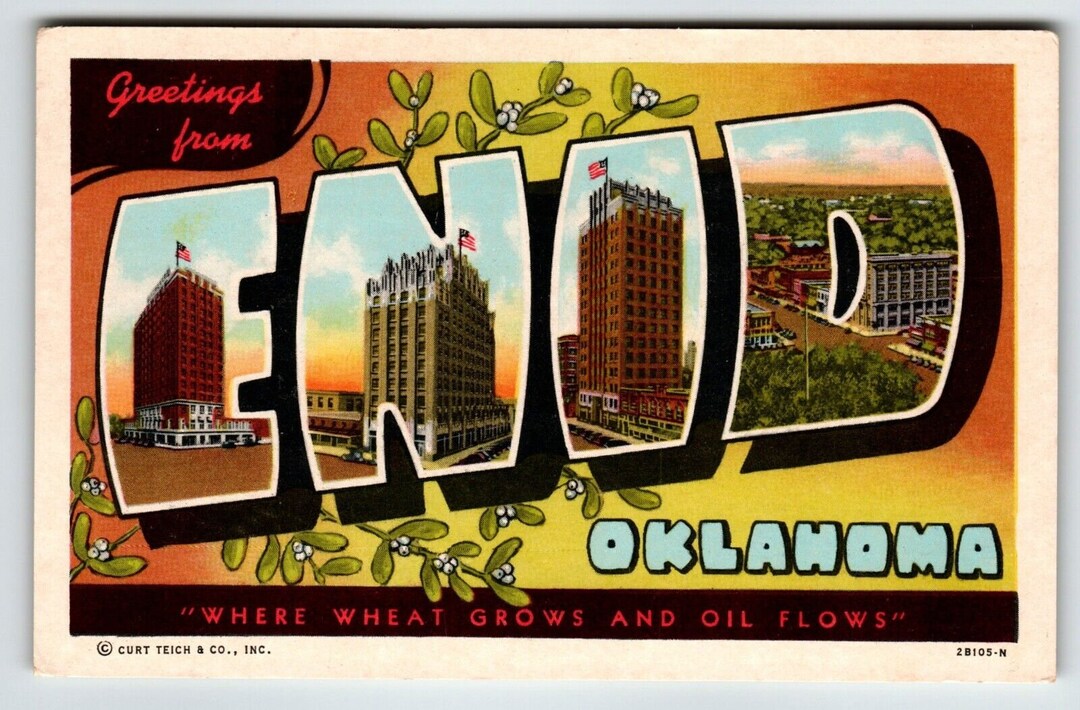 Greetings From Enid Oklahoma Postcard Large Letter Curt Teich Etsy