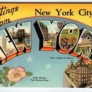 Carte postale en lin grande lettre, Lettres de New York, NY Tichnor 1946 vintage, cadeau unique