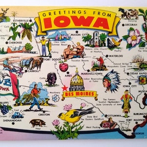 Greetings From Iowa Map Chrome Postkarte Vögel Blumen Flagge Fluss Angeln 1975 Einzigartiges Geschenk Postkarte