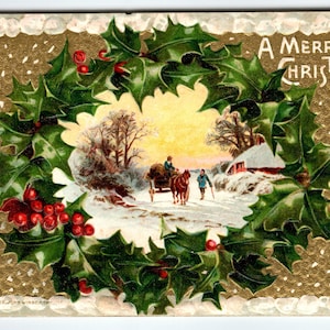1911 Vintage Embossed Christmas Postcard Winter Scene Holly Wreath