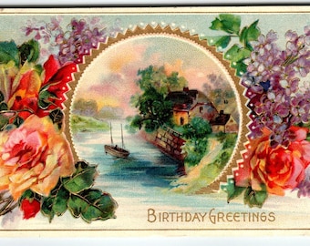Vintage Postcard Birthday Greetings Scenic Cottage Boat Flowers Germany Embossed