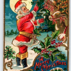 Carte postale de Noël Père Noël renne pleine lune en relief antique 1909 vintage
