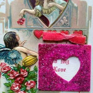 Carte postale Saint-Valentin Cupidon et princesse en forme de coeur fenêtre J.P. 1917 mécanique cadeau unique