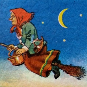 May include: A woman with a red headscarf flies on a broomstick with a kettle in her hand. The background is a blue night sky with a crescent moon and stars.