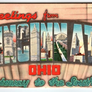 Salutations de Cincinnati, Ohio, texte bleu des années 1940, grande lettre, carte postale en lin, ville