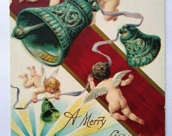 Weihnachtspostkarte Vintage Cherub Engel halten Glocken P Sander Embossed Schaden Einzigartiges Geschenk