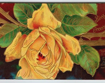 Vintage 1910 Embossed Birthday Postcard Yellow Rose Printed in Germany Gel