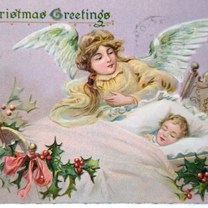 Weihnachtspostkarte, Baby-Jesus-Engel mit Flügeln, Nachttisch 1908, Tucks-Serie 102, einzigartiges Geschenk