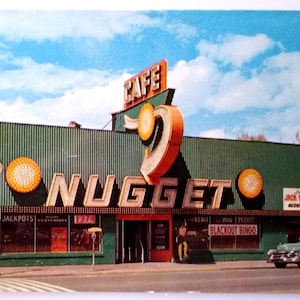 Nugget Casino Carte postale Sparks Nevada Cafe Enseigne au néon Vieille voiture Automobile Chrome Cadeau unique