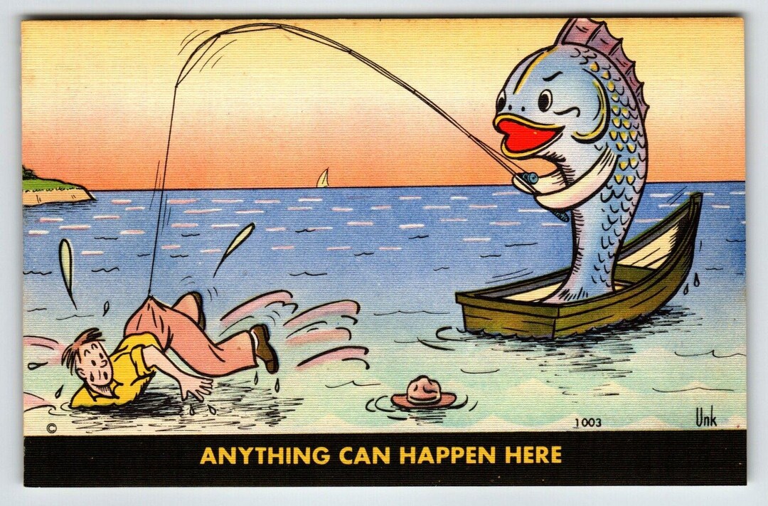 Comically Big Fish Fishing Linen Postcard Huge Exaggerated Fish Catches Man Humor Unk Boat ...