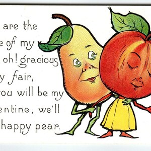 Carte postale Saint Valentin Tuck anthropomorphe poire pomme fruit têtes fantaisie cadeau unique
