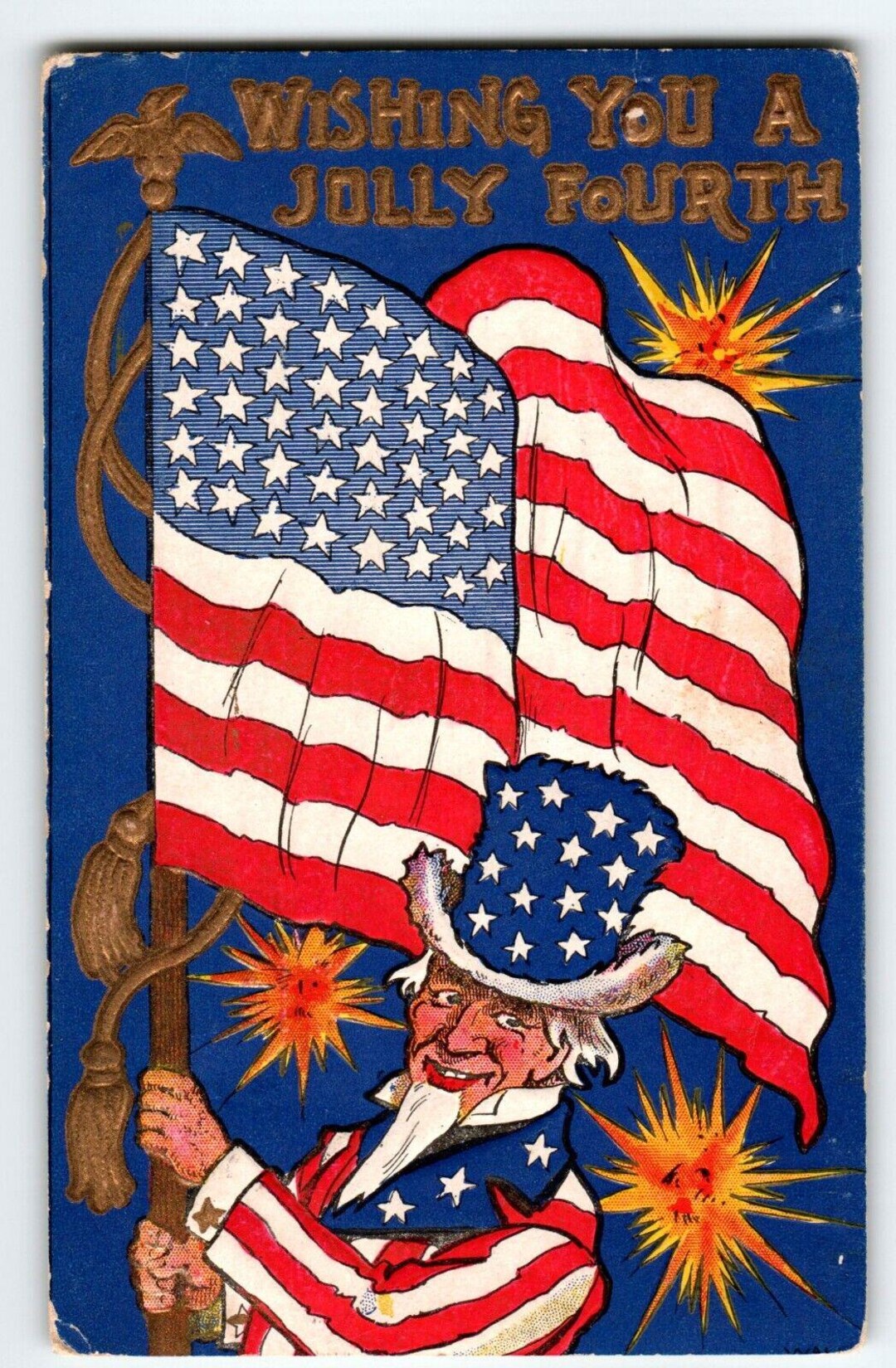 4th of July Postcard Uncle Sam Fireworks Flag Ullman Embossed Patriotic ...