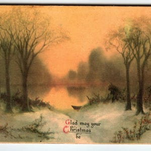 クリスマスポストカード ウルフ出版 風景画 木々 霧のかかった空 ヴィンテージ 1920年代 アンティーク