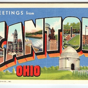 Carte postale grande lettre Salutations du canton de l'Ohio des années 1940, vintage Curt Teich