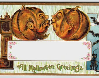 Vintage 1907-1915 Halloween Postcard Pumpkin Heads Kissing Bats And Black Cat