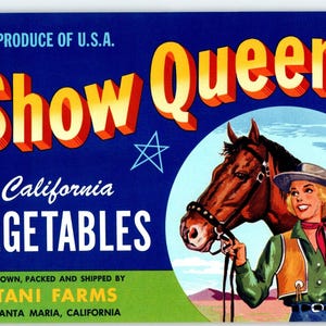 Show Queen Vegetables Label Blonde Cowgirl Horse Vintage 1950s Original Unique Gift