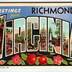 Salutations de Richmond Virginie Grande carte postale Linen City lettres Curt Teich