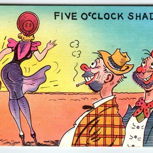 Fünf Uhr Schatten Humor Leinen Postkarte 1940er Jahre Frauen-Spaziergang zum Sonnenuntergang Männeruhr