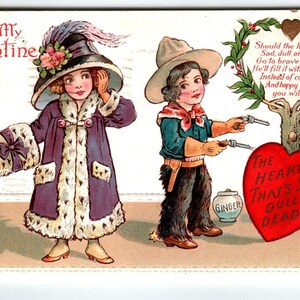 Carte postale Saint Valentin Heinmuller grand chapeau manchon fille cow-boy garçon pot de gingembre 1903 cadeau unique