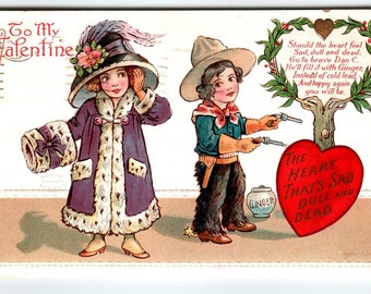 Valentines Day Postcard Heinmuller Big Hat Muff Girl Cowboy Boy Ginger Jar 1903 Unique Gift