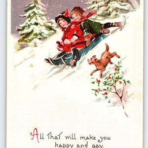 Weihnachtspostkarte Signiert Frances Brundage Kinderhund Auf Schlitten Gabriel Germany 229
