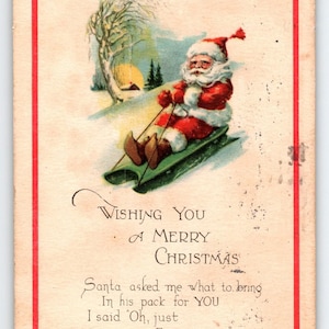 Vintage 1924 Weihnachtsmann auf Schlitten Weihnachtspostkarte - Geprägt - Made in USA - Siegel