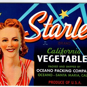 Starlet California Vegetables Lovely Lady Vintage Crate Label Original 1950&#39;s Unique Gift