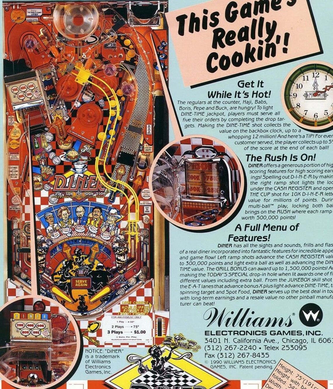 Diner Pinball FLYER 1990 Original NOS Williams Game Paper Etsy
