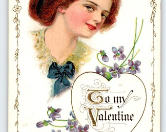 Vintage Valentine Postcard Woman Violets Embossed Unused Antique Greetings