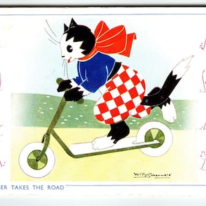 Dressed Cat Postkarten Kätzchen Auf Scooter Willy Schemele Mouser Takes The Road UK Einzigartige Geschenk Postkarte