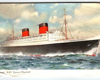 Queen Elizabeth Ship Boat Postcard Cunard White Star Line Steamship Vintage 1958 Unique Gift