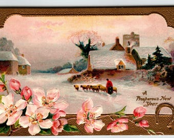 New Year Postcard Country Cottages Sheep Flowers Embossed Germany Series 2149