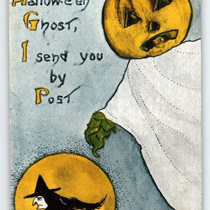 Carte postale fantôme d'Halloween, sorcière sur un balai, pleine lune, Sandford AMC vintage 1914