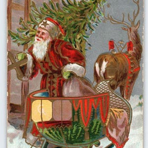 Carte postale de Noël Père Noël, traîneau, renne, arbre de Noël 1908, voeux en relief