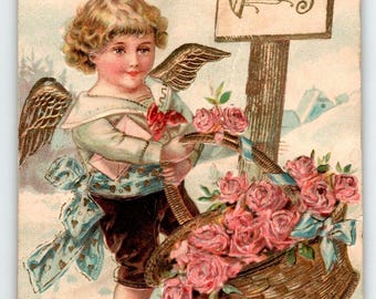 Happy Birthday Cherub Angel Holds Wicker Basket Of Pink Roses Postcard Greetings