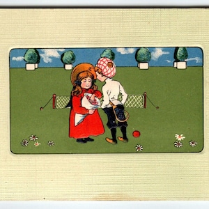 Kinder spielen Sport Mädchen Junge mit Schläger Vintage geprägte Postkarte Ser 562