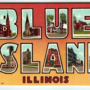 Carte postale en lin grande lettre Greetings From Blue Island Illinois Curt Teich Cadeau unique