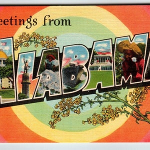 Carte postale de l'État du lin, grandes lettres, Greetings From Alabama, non affectation, image couleur, cadeau unique