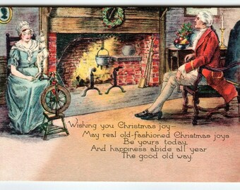 Christmas Greeting Card George Washington Man and Women Spinning Wheel Fireplace